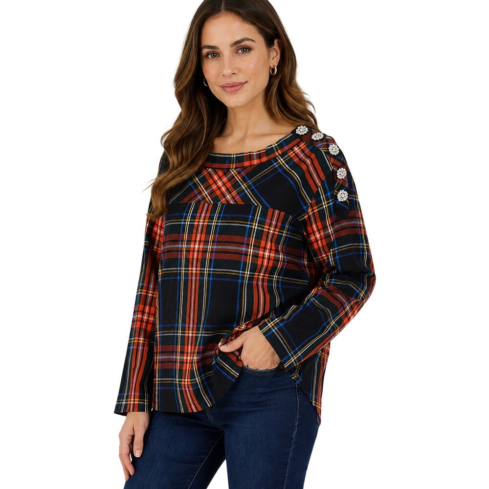 J.crew sz 18 tartan peasant christmas holiday blouse w/ crystal bling shoulder